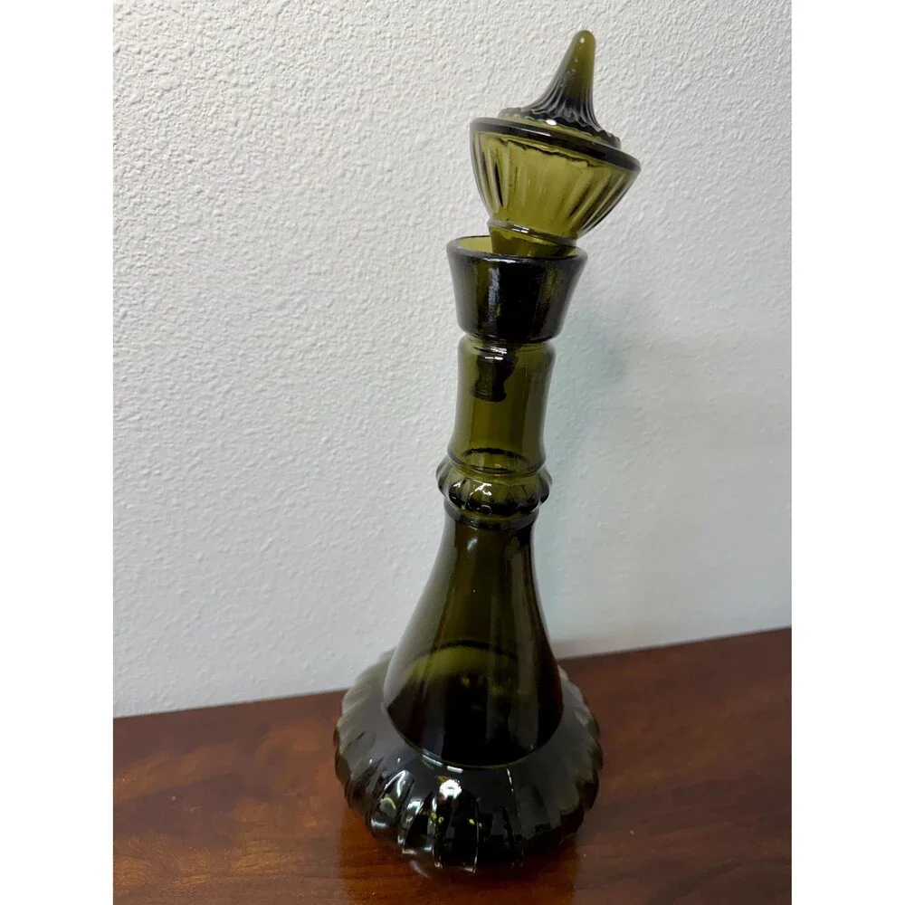 1964 Jim Beam Genie Bottle Decanter, Olive Green Glass, Mid-Century Barware
